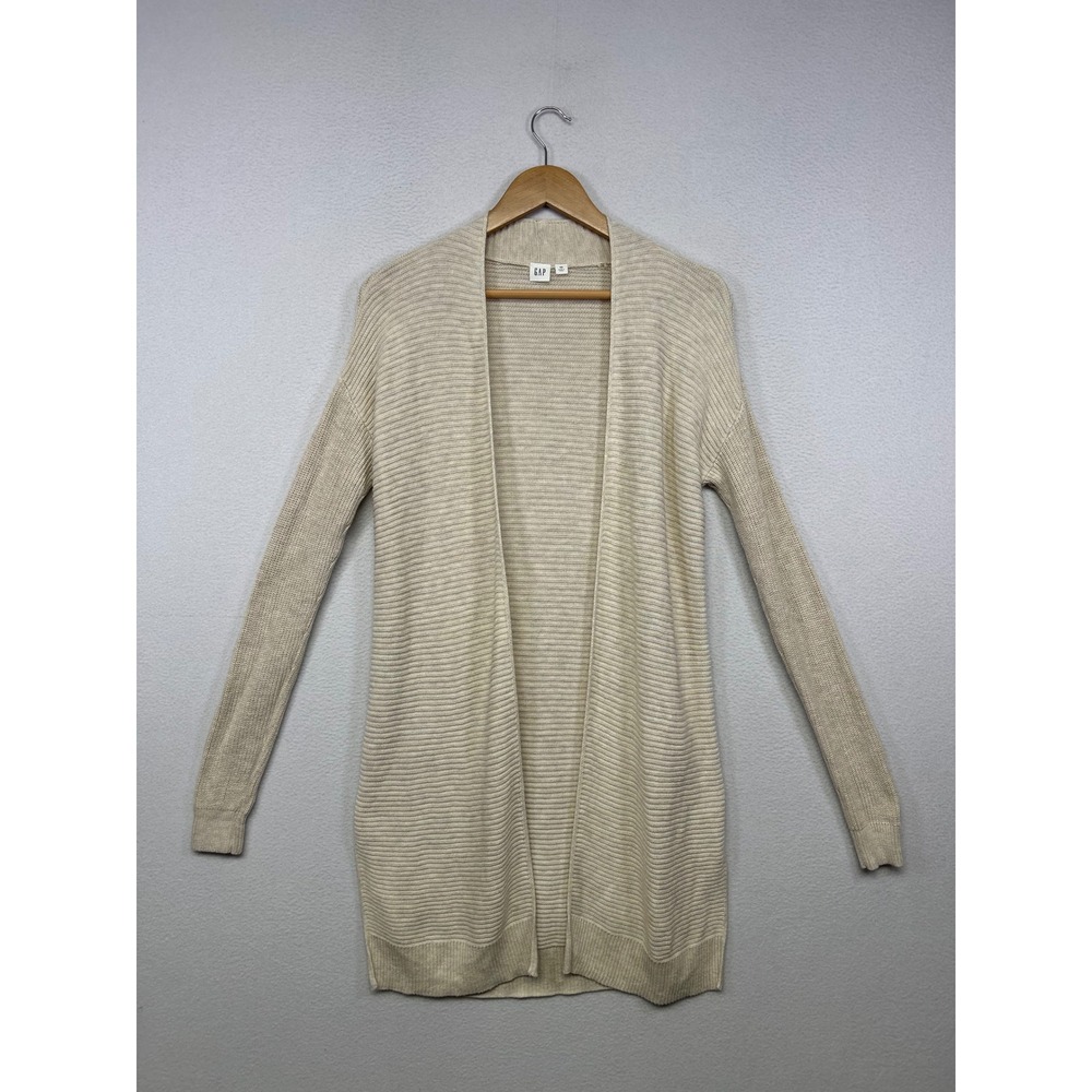 Minimalist Gap Women XS Cream Ribbed Open Front Longline Cardigan Sweater